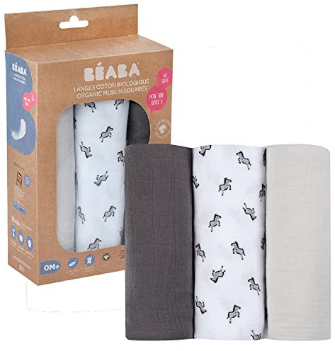 BÉABA, 3-er Set Mullwindeln, Spucktücher, Bio-Baumwollmusselin, Mehrzwecktücher: Wickeldecke, Lätzchen, Kuscheltuch, Superweich, Luftdurchlässig, Groß, 70 x 70, Ökologisch und Gesund, Motiv Savanne