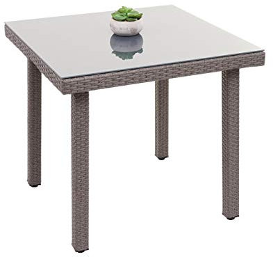 Mendler Poly-Rattan Gartentisch Cava, Esstisch Beistelltisch Tisch mit Glasplatte, 80x80cm - grau