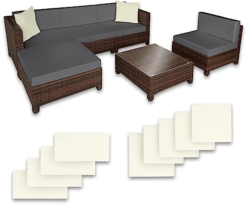 tectake Gartenmöbel Set, Lounge aus Poly Rattan und Aluminium, Balkon Möbel Set mit 10 cm Polsterung und Kissen, ideal für Garten und Balkon, 2 Sessel, 2 Ecksessel, 1 Tisch, 1 Hocker - schwarz/braun