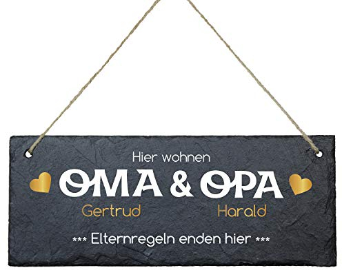Geschenke 24 Schiefertafel Oma Opa Elternregeln enden hier (Gold, mit Namen) - Schiefertafel zum Aufhängen - Schieferplatte Eingangstür Haustür - Weihnachtsgeschenke für Oma und Opa