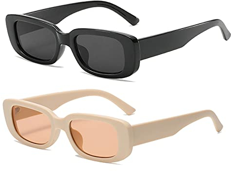 Long Keeper Sonnenbrille Damen Vintage Rechteckig 90s Retro Sonnenbrille Für Damen Herren Mit Uv Schutz (Schwarz+Beige)