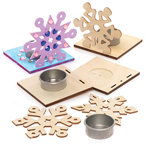 Baker Ross FE890 Schneeflocke Teelichthalter Bastelset aus Holz - 4er Pack, Holzteelichthalter für Kinder zum Basteln und Bemalen, Weihnachtsbastelsets