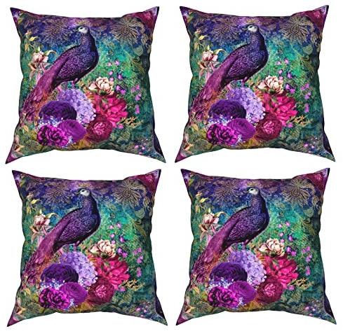 NA Set of 4 Cushion Covers, 45 x 45, Elegant Purple Teal Peacock Floral Print, Polyester for Sofa Decor, Multicolor