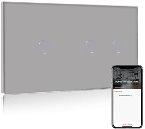 BSEED Smart ZigBee Interruptor de Luz,Gris Interruptor inteligente 1 Gang 1 Vía+2 Gang 1 Vía,Compatible con Alexa y Google Home, Control de APP(Zigbee Gateway Hub Requerido)