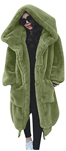 L9WEI Women's Oversized Faux Fur Coat with Hood, Grey, Long, Loose, Autumn, Winter, Adult, Female, Trench Coat, 2 Pockets, Satin Lining, Wool Backing, Hand Wash Only