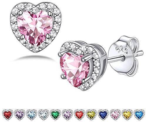 Bestyle Orecchini Argento 925 Pietre Portafortuna Ottobre Rosa Tormalina Diamante Orecchini Forma Cuore Orecchini Donna, Confezione Regalo