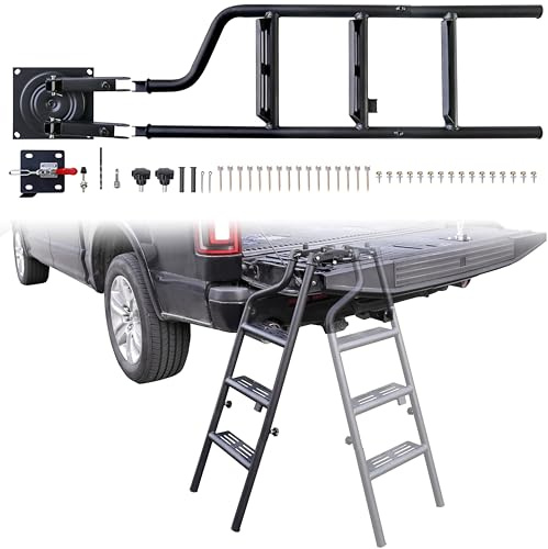 POKIAUTO Universal Faltbare und 360° drehbare Heckklappenleiter für Pickup-Truck, schnelle Verwendung, robuste 114,3 cm Klappbare Heckklappenleiter mit Verriegelungsvorrichtung, passend für