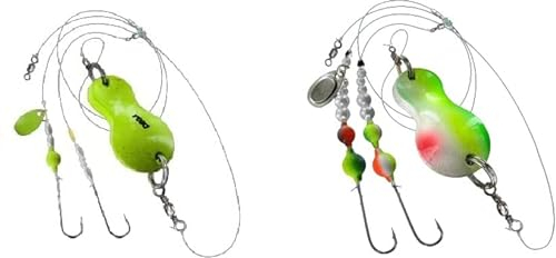 blntackle76 Set 2 Stück Buttlöffel von Jenzi Plattfisch Blinker montiert 80 Gramm gelb Glitzer, 80 Gramm grün/weiß/rot und + gratis Petri Heil! Aufkleber