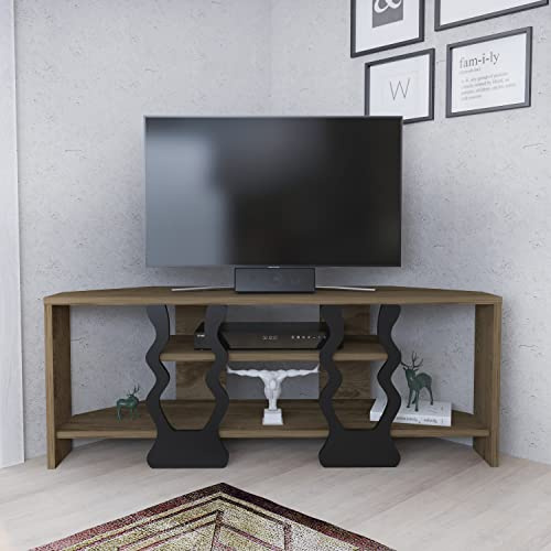 Decorotika-Firal Corner TV Stand with Open Shelves Multimedia Storage and Entertainment Unit (Oud Pattern/Black)