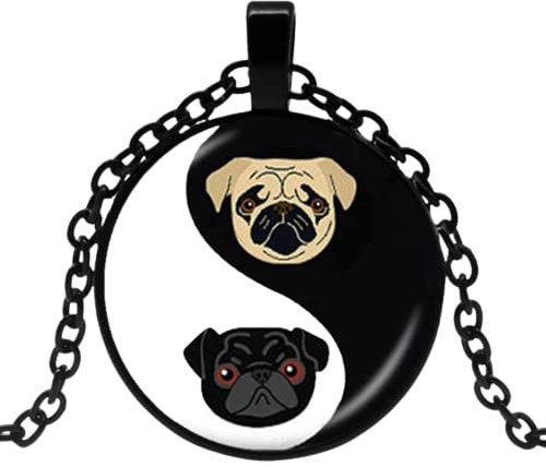 Yin Yang Mops-Halskette Schwarz und Hellbraun Bulldogge Anhänger Hund Schmuck Geschenk Mops Fan Rettungsschmuck Glaskuppel Halskette, Zinklegierung