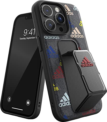 adidas Schutzhülle für iPhone 14 Pro mit Handygriff und Ständer | Fallschutz und Handschlaufe | kabelloses Laden kompatibel | 6,1 Zoll buntes Sport-Logo-Design | schützende Handy-Abdeckung
