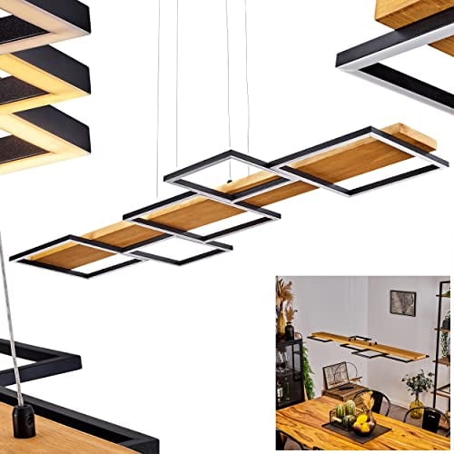 LED Pendelleuchte Pompu, dimmbare Hängelampe aus Metall/Holz in Schwarz/Natur, über Lichtschalter dimmbar, moderne Leuchte mit Holzbalken, Höhe max. 150 cm, LED 30 Watt, 3000 Kelvin, 2800 Lumen