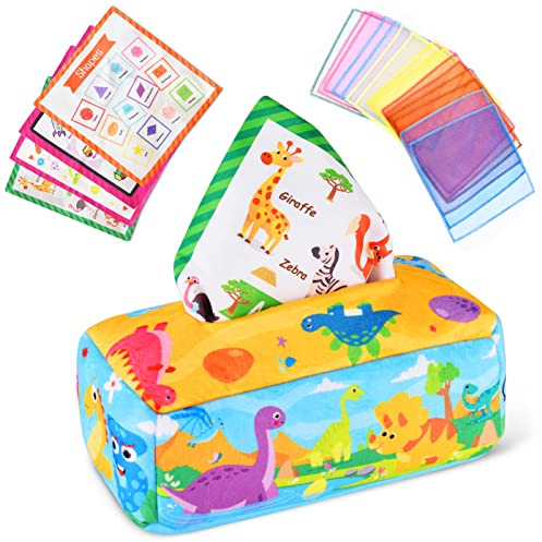 Vicloon Giochi Montessori 6 Mesi Tissue Box, 20PZ Dinosauro Fazzoletti di Carta Scatola Interattiva in Tessuto con 4 Carta a Sonagli e 15 Sciarpe di Seta Colorate, Giocattoli Sensoriale per Bambini
