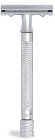 MERKUR Rasierhobel 22C | Mattchrom Satiniert | Dreiteiliger Rasierer mit geradem Schnitt | Geschlossener Kamm | Ideal für Nassrasur | Zinkdruckguss | Messing Griffstück | Made in Germany