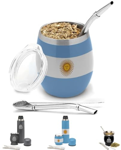 Aurum® Mate Argentino, Yerba Mate, Vajillas Completas Modernas, Te Matcha Kit, Bombilla Mate, Yerba Mate Argentina, Taza Calabaza, Bombilla para Mate, Termo Mate (Bandera Argentina)