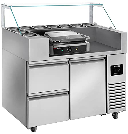 GGM Gastro | ZBF127DN#KGKB200#SBF | Zubereitungstisch - 1210mm - 1 Tür & 2 Schubladen - für 9x GN 1/6 - inkl. Kontaktgrill