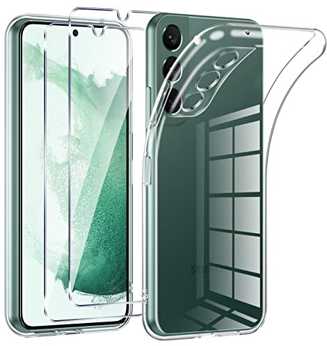 Phoona Coque pour Samsung Galaxy S22 5G avec 2 Pièces Protection Écran en Verre Trempé,Ultra Transparente Silicone en Gel TPU Souple pour Samsung S22 5G Couqe,Antichoc Anti-Jaune Etui Bumper