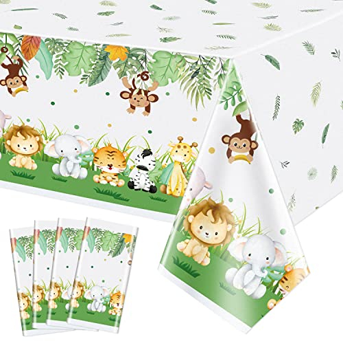 4 Stück Dschungel-Safari-Tischdecken, niedliche Tier-Tischdecken, Wilde Party-Dekoration für Kindergeburtstag, Baby-Dusche-Party, 130 x 220cm Plastik-Tischdecken