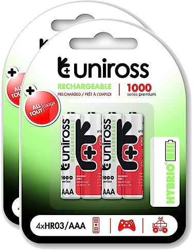 Uniross Pack of 2 x 4 Rechargeable Batteries AAA/HR03 1100 NIMH HYBRIO, 1.2 V