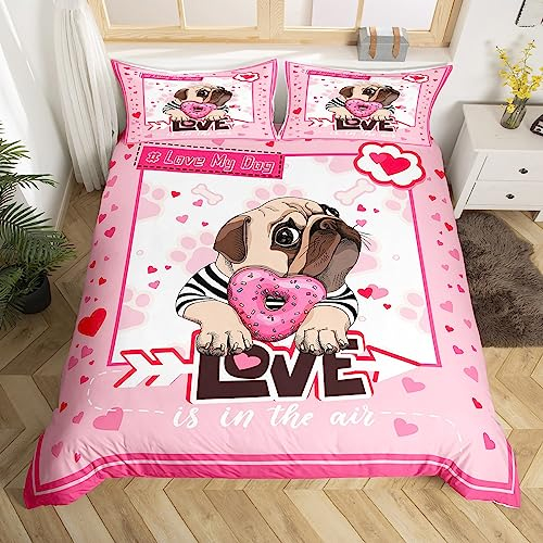 richhome Cartoon Mops Bettbezug Set 135x200,Donut Dessert Liebe Herz Romantische Bettwäsche Set, Nette Tiere Haustiere Schöne Tröster Abdeckung, Rosa Kawaii Quilt Cover