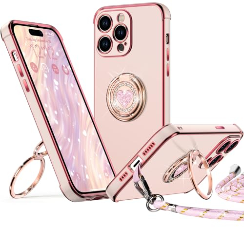 XYZ iPhone 15 Pro Max Case with Stand, Heart Lanyard for Girls Women, Luxury Cute Bling Protective Phone Cover for iPhone 15 Pro Max, Pink
