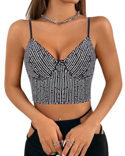 Segreto Damen Glitzer Pailletten Tanktop Ärmellos Spaghettiträger Sexy Crop Top Trägertop Festival Party Club Silber Schwarz Camisole