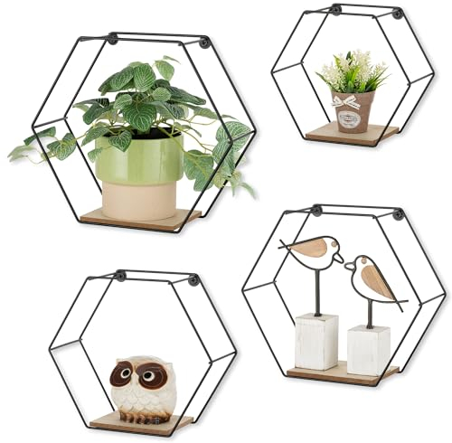 Walasis Hexagon Wandregal Schwarz Metall: 4er Set Schweberegal Wand Regal Wand Deko Wanddekoration Aesthetic Pflanzenregal für Wohnzimmer Schlafzimmer Zimmer Flur