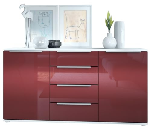 Sideboard Linio V1, Anrichte mit 2 Türen und 4 Schubladen, Weiß matt/Bordeaux Hochglanz (138,5 x 75,5 x 35 cm)