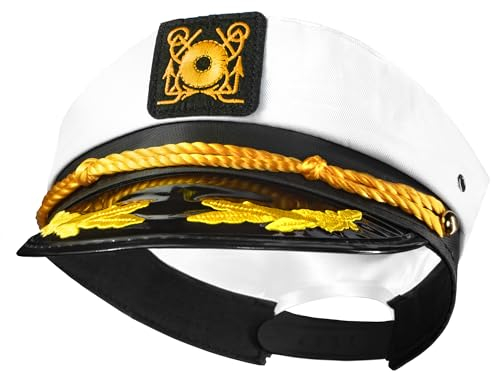Novelty Place Gestickter Kapitänshut – Verstellbarer weißer Marine-Yacht-Matrosen-Marine-Mütze-Anziehzubehör für Halloween, Cosplay, Motto-Kostümpartys – Männer, Frauen und Kinder (1 Stück)