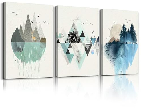hyidecorart Abstrakte Bilder, Grün und Blau Geometrische Berg Landschaft Leinwand Wandkunst, Modern Nordischer Minimalistisch Wandbilder Wohnzimmer Schlafzimmer Esszimmer Badezimmer(40CM x 58CM x 3)