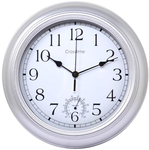 12 Outdoor Silver Clock with Thermometer - Waterproof, Retro Vintage Design Wall Clocks, Battery Operated, With Slient Quartz Movement | For Indoor, Garden Patio Pool Bathroom Decor - 30cm / 12 Inch
