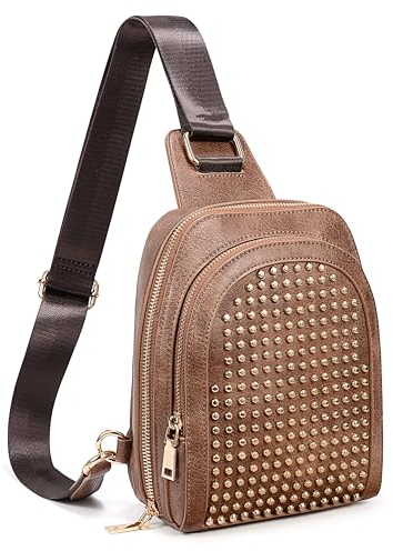 UTO Brusttasche Damen Nieten mit Breiter Verstellbarer Gurt Sling Bag Groß Bauchtasche Stylisch Wasserdicht Reise Crossbody Bag Hüfttasche Gürteltasche Umhängetasche Freizeit Arbeit Sport Braun