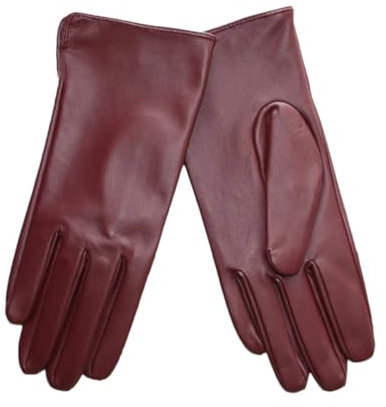 Lederhandschuhe für Damen, Schaffell, Touchscreen, ungefüttert, dünn, einfarbig, Reit- und Fahrhandschuhe, burgunderfarben, 7.5