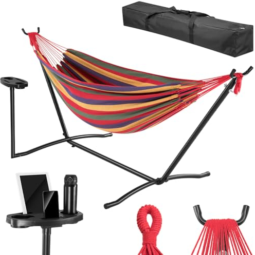 BAKAJI Amaca da Giardino a Brasiliana con Supporto in Acciaio e Stand Portabicchieri, Portatelefono e Tablet con Borsa da Portata Salvaspazio, Capacità Carico 200kg, Ideale per Esterni e Interni