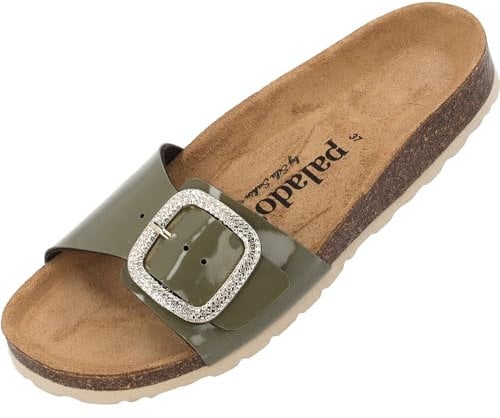 Palado Pantoletten Damen Malta BX by Sila Sahin – gefertigt in Spanien – edle Veloursleder-Decksohle – Glitzerschnalle im Boxy-Design – Lack- oder Metallic-Optik – EVA-Sohle Khaki Lack UK5,5 - EU38