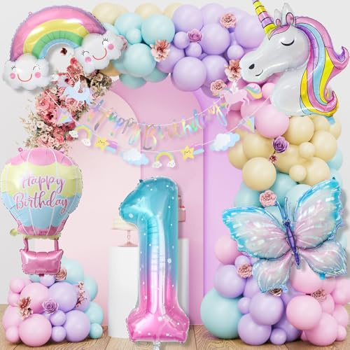 Einhorn Geburtstagsdeko Mädchen,1 Jahre Einhorn Deko Kindergeburtstag | 1-10 Jahre Happy Birthday Deko, Einhorn Luftballons für 1. Geburtstag Mädchen Deko