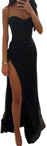 Agiyenna Damen Elegant Pailletten Abendkleid Ärmellos Off Shoulder Maxikleid Sexy Bodycon V Ausschnitt Spaghettiträgern Partykleid mit Hohem Schlitz Mode Glitzer Kleid