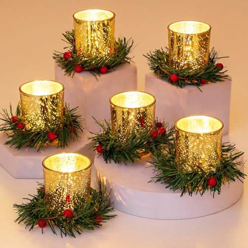 Glasseam Christmas Candle Holder Glass: Tea Light Candle Holders Gold with Candle Wreath Ring Set of 6 Tealight Holders for Christmas Table Decoration Votive Candle Holder for Centrepiece Home Decor