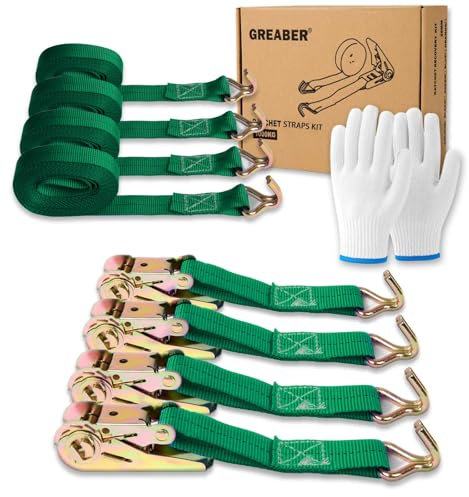 Ratchet Straps (4-Pack), with 1x Work Gloves, 1000kg Break Strength, 5m x 2.5cm Heavy Duty Tie Down Strap Set with Metal Hooks for Trucks,Moving,Motorcycles,Trailer,Cargo (Green)