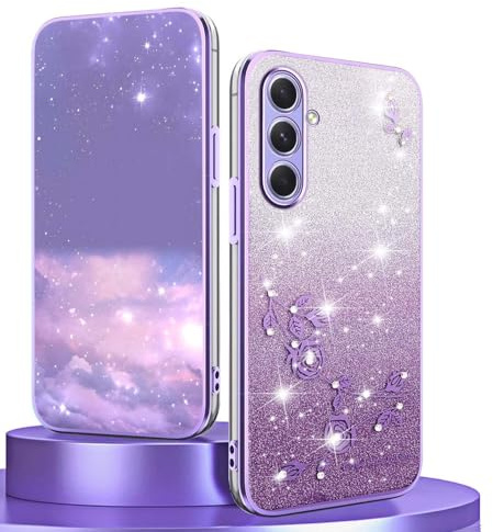 BORYA Silicone Coque pour Samsung Galaxy A55 5G, Très Mince Antichoc Souple TPU Housse, Élégant Galvanoplastie Luxe Pétillant Diamant Fleurs Étui avec Dégradées Carte, Violet