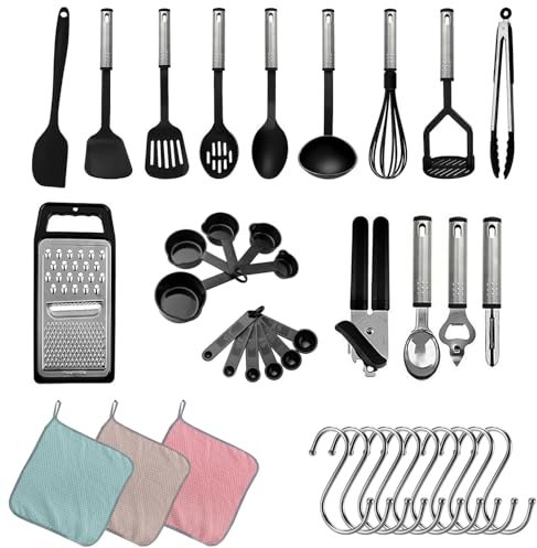 38-Piece Stainless Steel Kitchen Utensils Set – Cooking Tools with Utensil Holder Rack & Hooks for Hanging – Dishwasher Safe Kitchen Gadgets & Cookware Set
