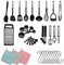 Kitchen Utensils Set 38 Pieces, Stainless Steel Cooking Utensils Handles, Kitchen Gadgets Cookware, Kitchen Tool Set with Utensil Holder Rack and Hooks for Hanging Dishwasher Safe