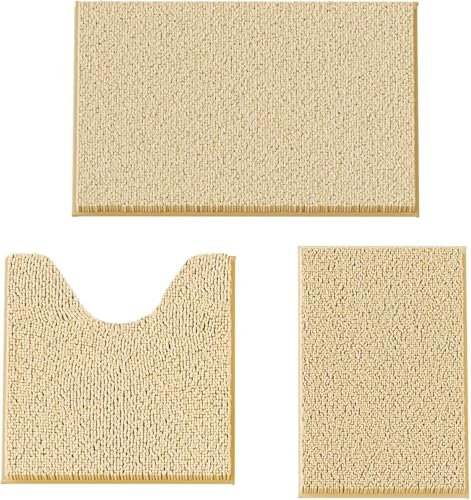 COMPOLICY Badvorleger Set 3-Teilig-Weiches Badematten Set mit Rutschfester, Chenille Saugfähige Badteppiche Sets für Badezimmer, Toilette und Dusche-Maschinenwaschbar (Beige)