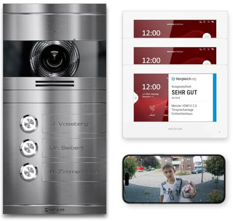 Metzler VDM10 2.0 Video Sprechanlage Komplett Set mit Laser Gravur Namensschild - Anschluss 2-Draht - Türsprechanlage mit HD-Kamera und Bildschirm für 3 Familienhaus, aus rostfreiem V2A Edelstahl