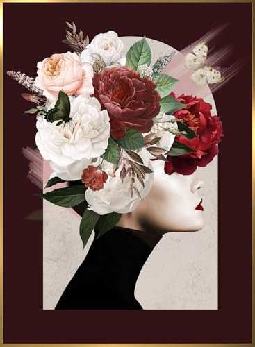 STYLER Bild Ava 50 x 70 cm (AUFHÄNGFERTIG) mit hochwertigem goldenen Rahmen – Frau mit Blumen – Exklusives Wandbild Modern Dekorativ Hochwertig Blumenkopf