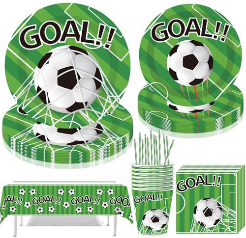 61 Stück Fußball Partygeschirr Set,Fußball Pappgeschirr Kindergeburtstag,Fussball Geburtstag Geschirr mit Teller Becher Servietten Tischdecke Strohhalme,Party Geschirr für 10 Gäste