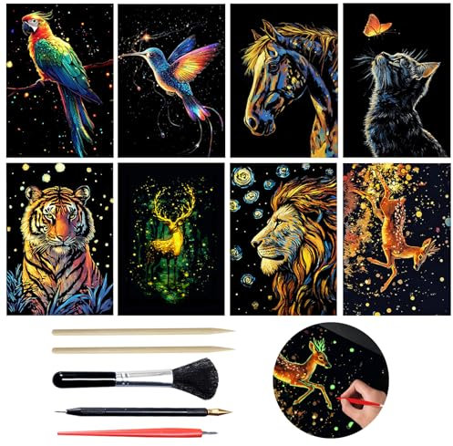 SwirlColor Enfants adultes scratch art 8 pièces, animaux lumineux carte a gratter papier coloré gravure scratch painting 5 pièces outils