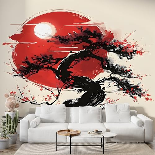 Selbstklebende Tapete Japanisch Rote Sonne Wandbilder, Vlies Fototapete mit Tuschemalerei Motiv, 3D Effekt Wandtapete Deko, Abziehen & Aufkleben, 150x100 cm - S-785