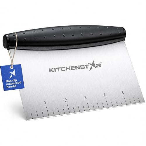 Multi-Purpose Bench Scraper/Dough Cutter for Bread & Pastry, 6-inch, Silver | Water Ground Sharp Edge, 2-Scale Measurement Laser Markings, Nonslip Rubber Handle, 430 Stainless Steel, Dishwasher Safe