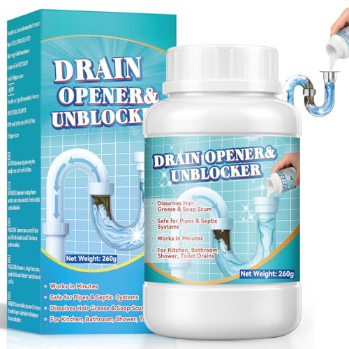Drain Unblocker 260g, Powerful Sink and Pipe Unblocker Powder, Fast-Acting Foaming Drain Cleaner for Kitchen Sinks, Bathroom Drains, Showers and Toilets, Removes Hair, Grease, Soap and Food Clogs